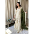 Snuggle Spot Women's Silk Embroidered 3/4th Sleeve V-Neck Kurti With Sharara Pant and Dupatta Set (Cream &amp; Green)