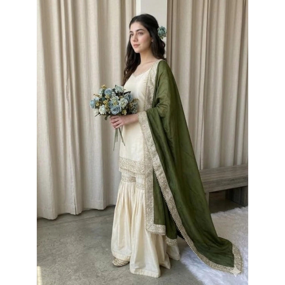 Snuggle Spot Women's Silk Embroidered 3/4th Sleeve V-Neck Kurti With Sharara Pant and Dupatta Set (Cream &amp; Green)