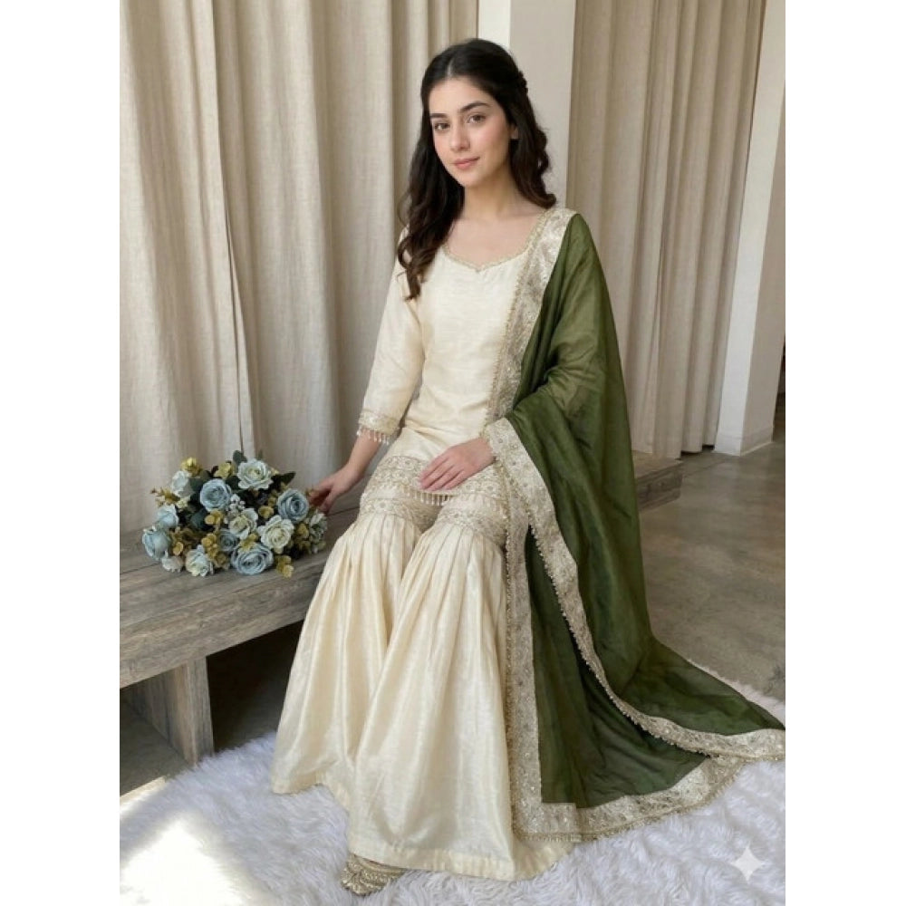 Snuggle Spot Women's Silk Embroidered 3/4th Sleeve V-Neck Kurti With Sharara Pant and Dupatta Set (Cream &amp; Green)