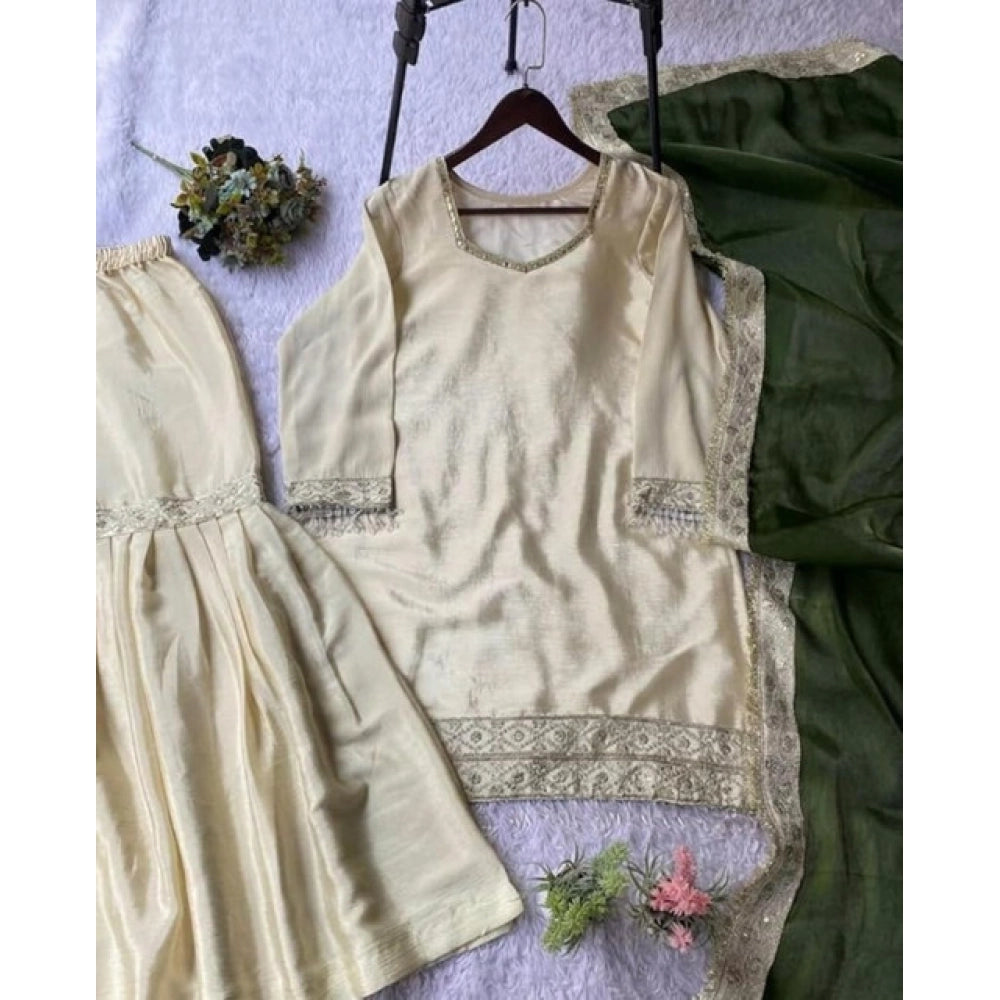 Snuggle Spot Women's Silk Embroidered 3/4th Sleeve V-Neck Kurti With Sharara Pant and Dupatta Set (Cream &amp; Green)