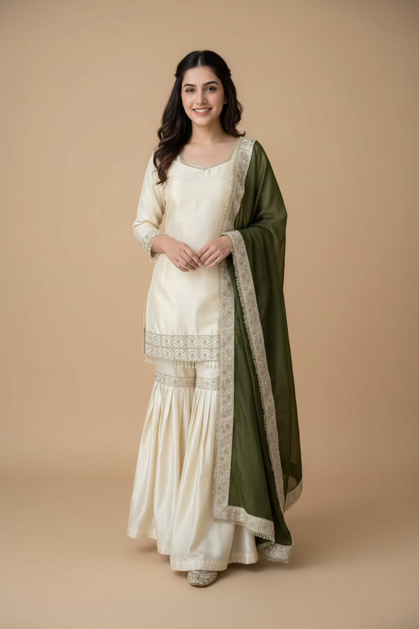 Snuggle Spot Women's Silk Embroidered 3/4th Sleeve V-Neck Kurti With Sharara Pant and Dupatta Set (Cream &amp; Green)