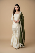 Snuggle Spot Women's Silk Embroidered 3/4th Sleeve V-Neck Kurti With Sharara Pant and Dupatta Set (Cream &amp; Green)