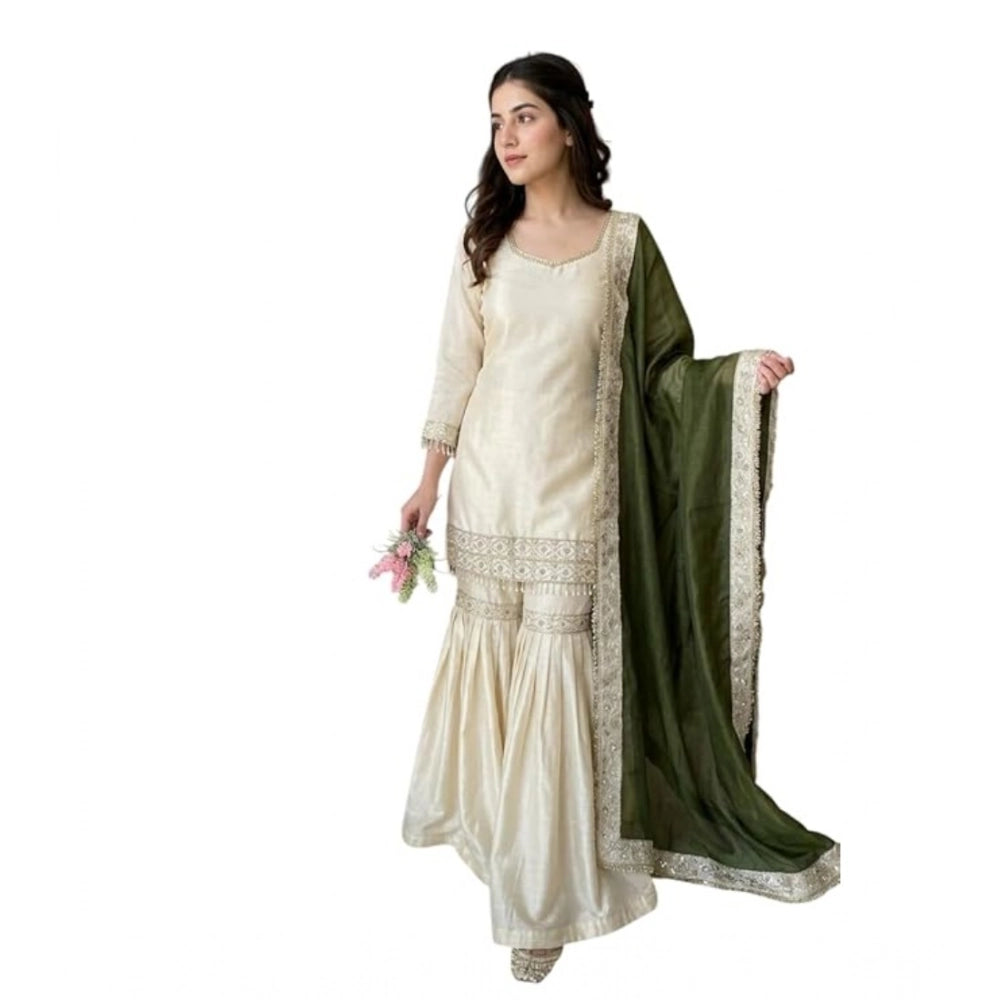 Snuggle Spot Women's Silk Embroidered 3/4th Sleeve V-Neck Kurti With Sharara Pant and Dupatta Set (Cream &amp; Green)