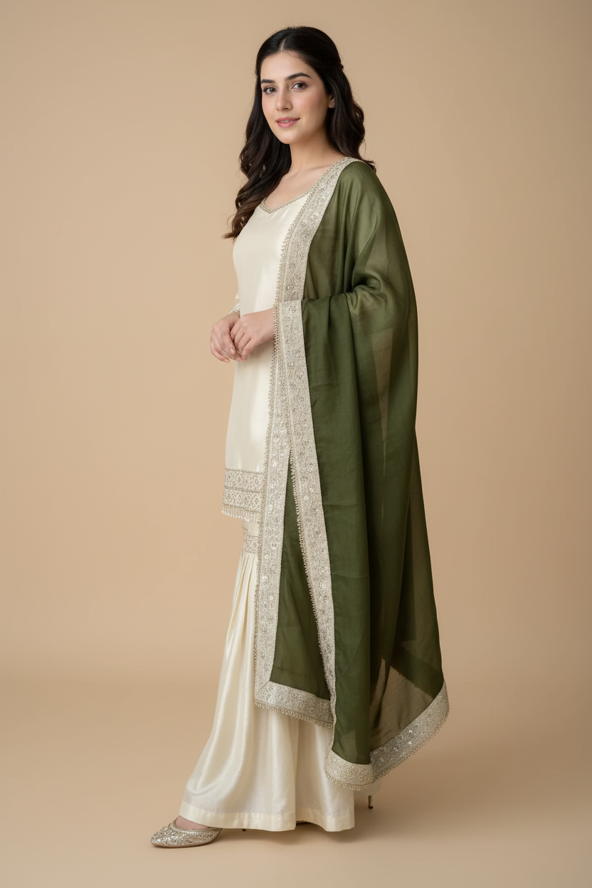 Snuggle Spot Women's Silk Embroidered 3/4th Sleeve V-Neck Kurti With Sharara Pant and Dupatta Set (Cream &amp; Green)
