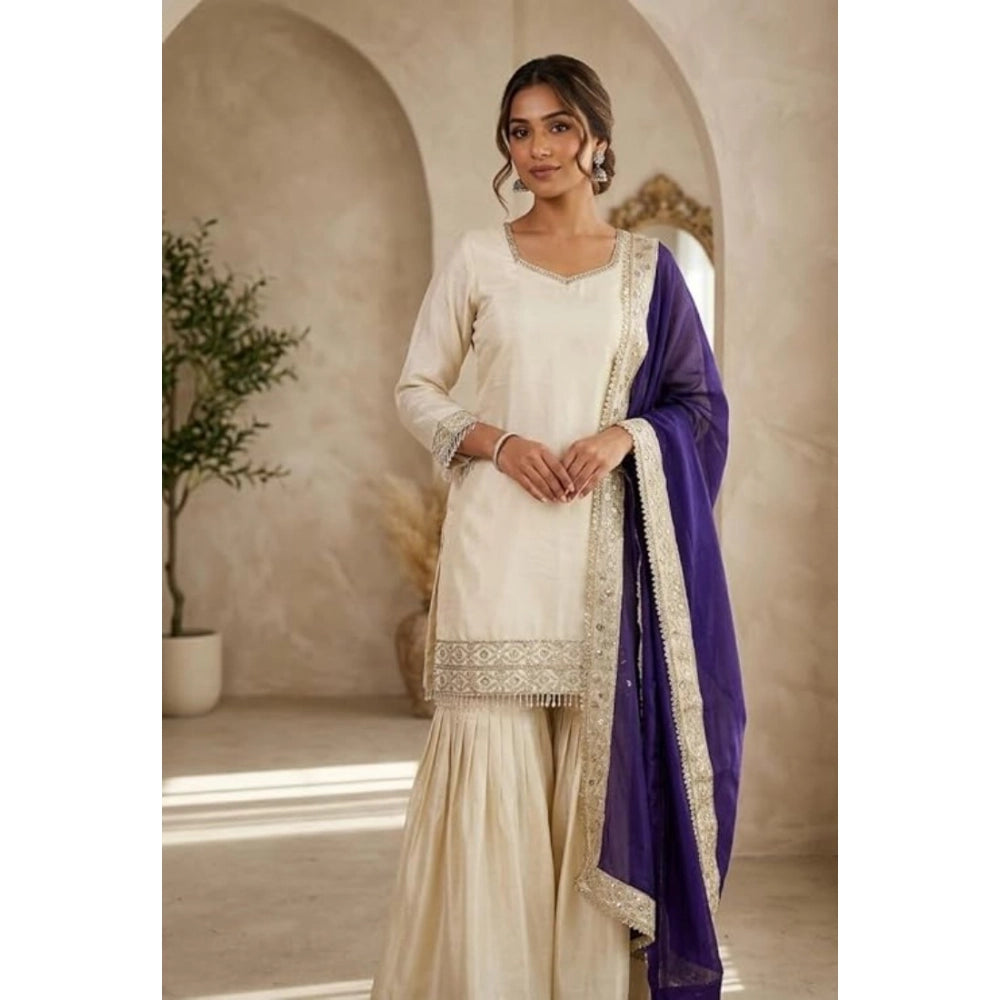 Snuggle Spot Women's Silk Embroidered 3/4th Sleeve V-Neck Kurti With Sharara Pant and Dupatta Set (Cream &amp; Purple)