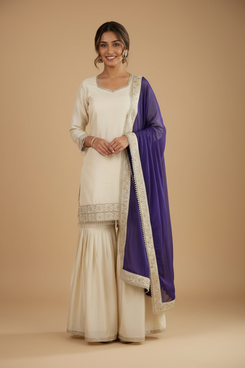 Snuggle Spot Women's Silk Embroidered 3/4th Sleeve V-Neck Kurti With Sharara Pant and Dupatta Set (Cream &amp; Purple)
