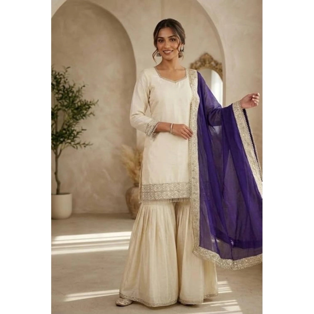Snuggle Spot Women's Silk Embroidered 3/4th Sleeve V-Neck Kurti With Sharara Pant and Dupatta Set (Cream &amp; Purple)