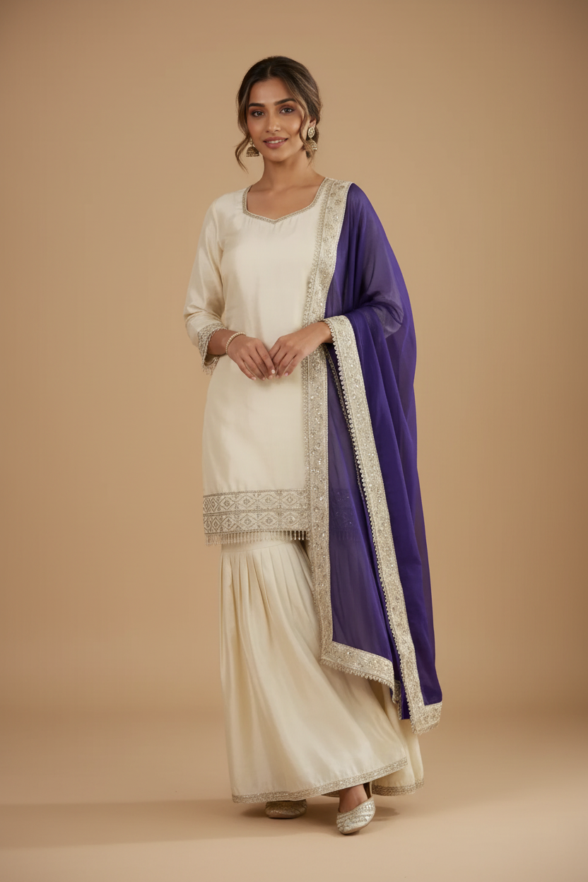 Snuggle Spot Women's Silk Embroidered 3/4th Sleeve V-Neck Kurti With Sharara Pant and Dupatta Set (Cream &amp; Purple)