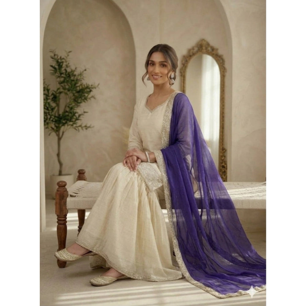 Snuggle Spot Women's Silk Embroidered 3/4th Sleeve V-Neck Kurti With Sharara Pant and Dupatta Set (Cream &amp; Purple)