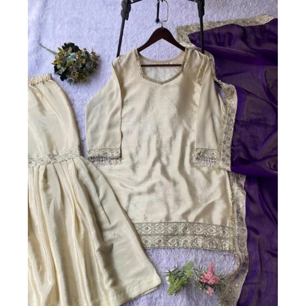 Snuggle Spot Women's Silk Embroidered 3/4th Sleeve V-Neck Kurti With Sharara Pant and Dupatta Set (Cream &amp; Purple)