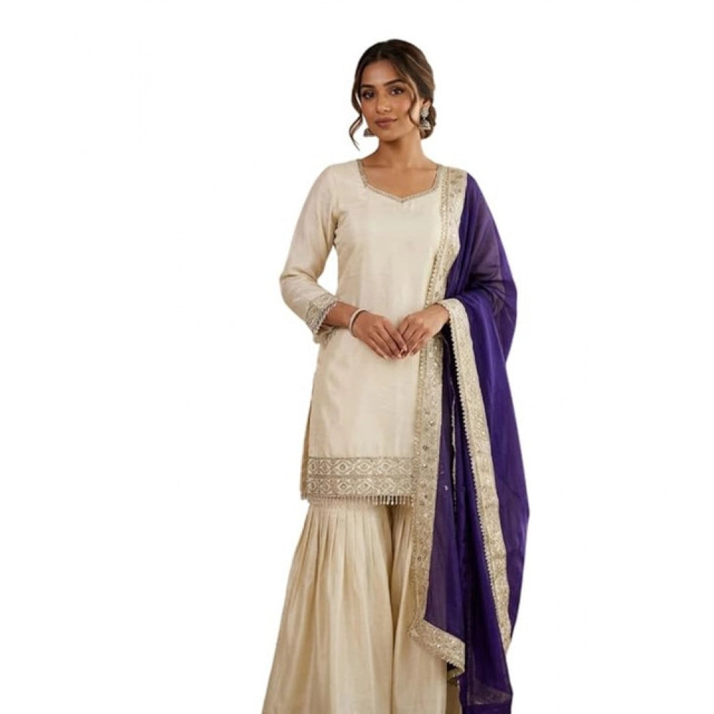 Snuggle Spot Women's Silk Embroidered 3/4th Sleeve V-Neck Kurti With Sharara Pant and Dupatta Set (Cream &amp; Purple)