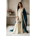 Snuggle Spot Women's Silk Embroidered 3/4th Sleeve V-Neck Kurti With Sharara Pant and Dupatta Set (Cream &amp; Teal)