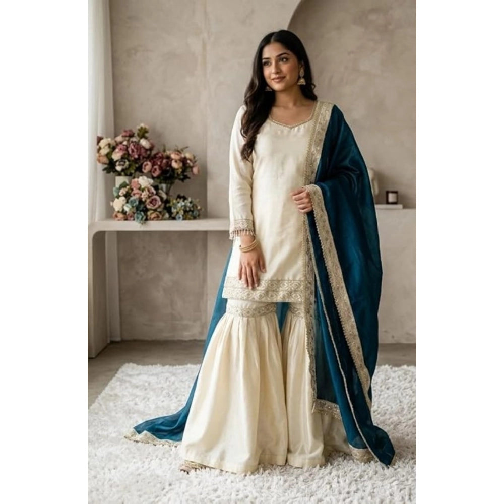 Snuggle Spot Women's Silk Embroidered 3/4th Sleeve V-Neck Kurti With Sharara Pant and Dupatta Set (Cream &amp; Teal)