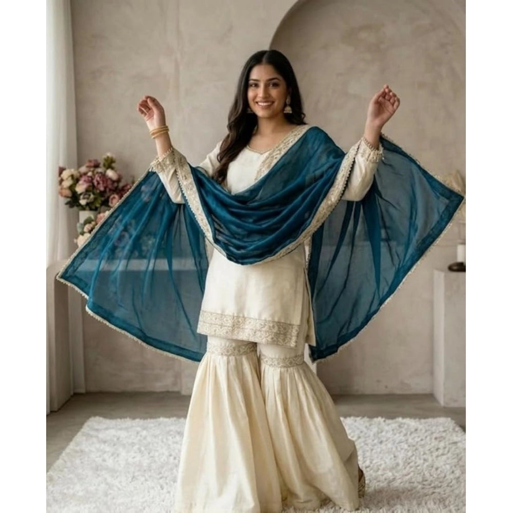 Snuggle Spot Women's Silk Embroidered 3/4th Sleeve V-Neck Kurti With Sharara Pant and Dupatta Set (Cream &amp; Teal)