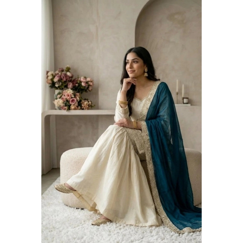 Snuggle Spot Women's Silk Embroidered 3/4th Sleeve V-Neck Kurti With Sharara Pant and Dupatta Set (Cream &amp; Teal)