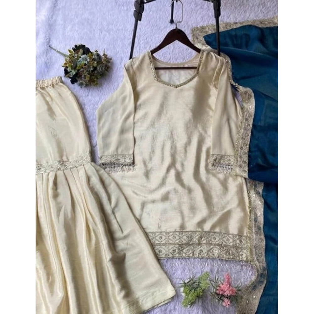 Snuggle Spot Women's Silk Embroidered 3/4th Sleeve V-Neck Kurti With Sharara Pant and Dupatta Set (Cream &amp; Teal)