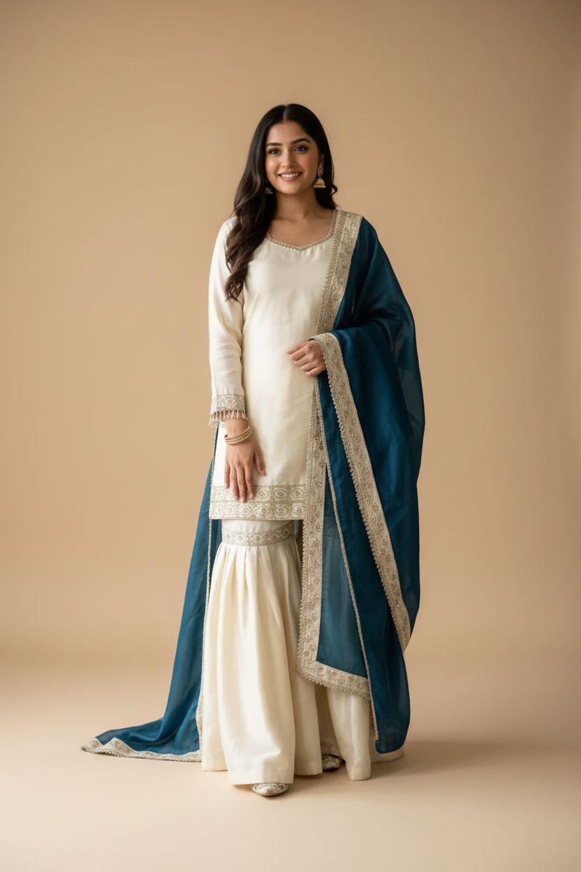 Snuggle Spot Women's Silk Embroidered 3/4th Sleeve V-Neck Kurti With Sharara Pant and Dupatta Set (Cream &amp; Teal)