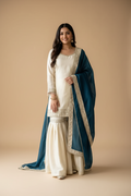 Snuggle Spot Women's Silk Embroidered 3/4th Sleeve V-Neck Kurti With Sharara Pant and Dupatta Set (Cream &amp; Teal)