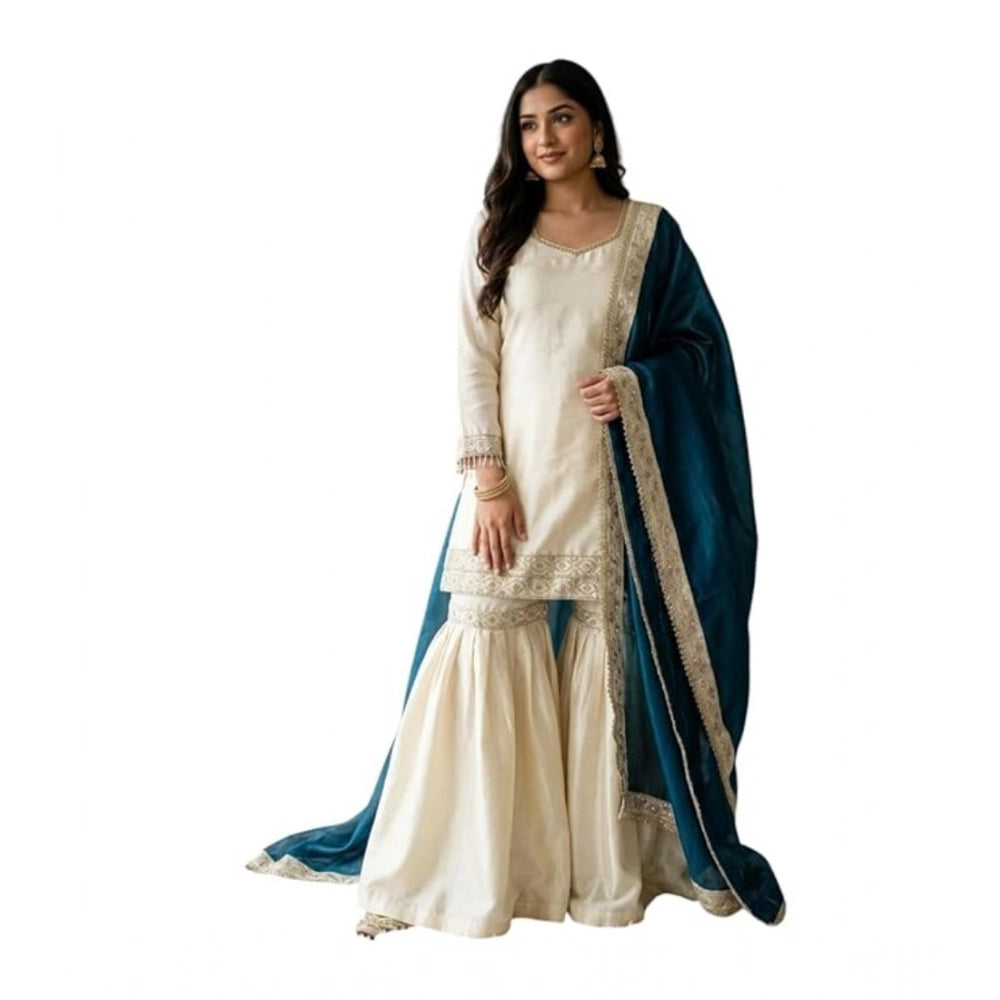 Snuggle Spot Women's Silk Embroidered 3/4th Sleeve V-Neck Kurti With Sharara Pant and Dupatta Set (Cream &amp; Teal)
