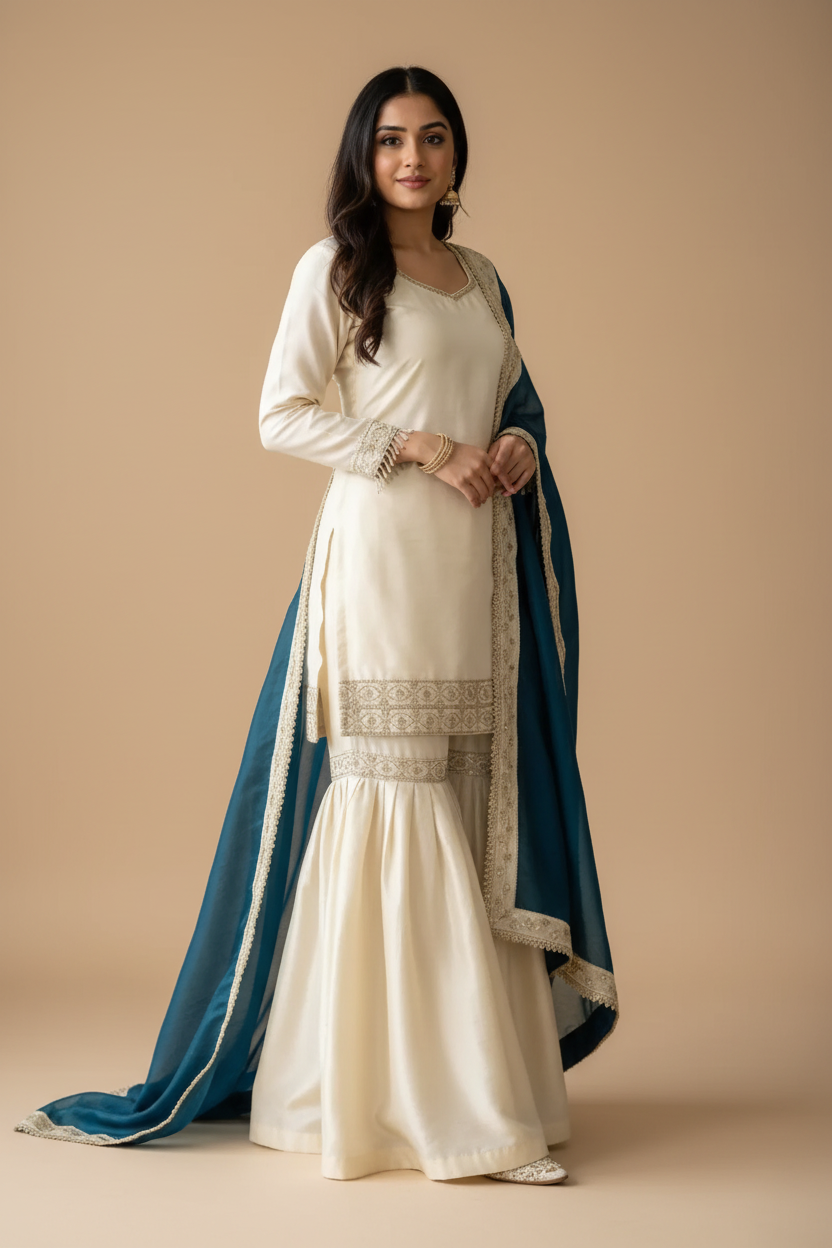 Snuggle Spot Women's Silk Embroidered 3/4th Sleeve V-Neck Kurti With Sharara Pant and Dupatta Set (Cream &amp; Teal)