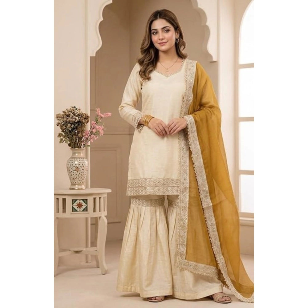 Snuggle Spot Women's Silk Embroidered 3/4th Sleeve V-Neck Kurti With Sharara Pant and Dupatta Set (Cream &amp; Yellow)