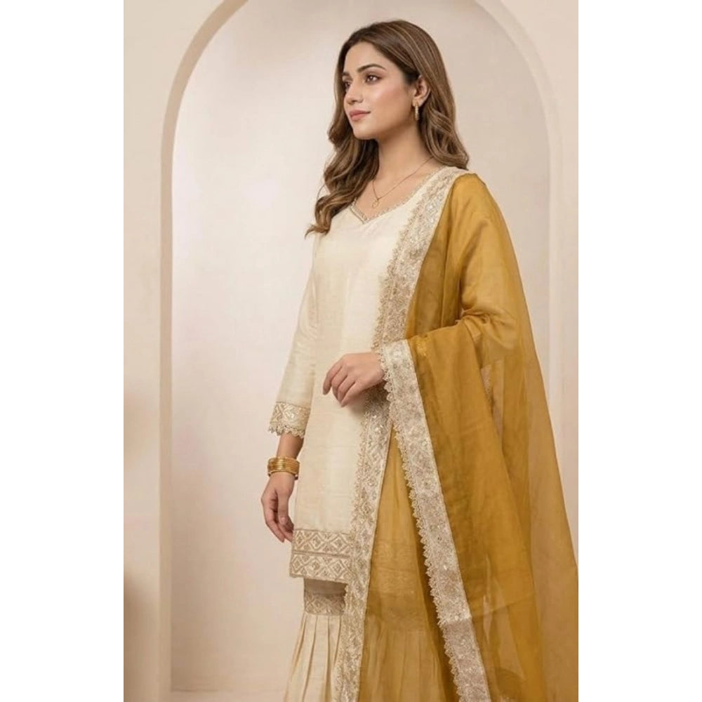 Snuggle Spot Women's Silk Embroidered 3/4th Sleeve V-Neck Kurti With Sharara Pant and Dupatta Set (Cream &amp; Yellow)