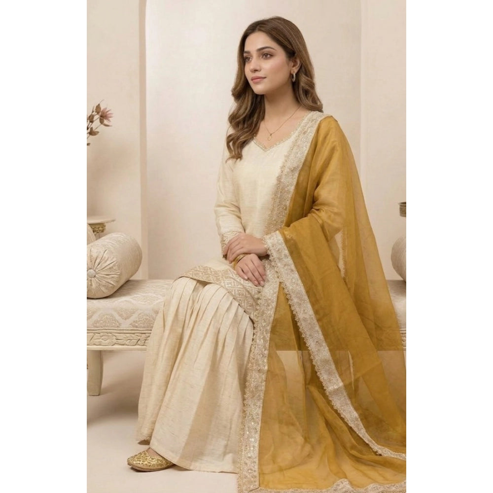 Snuggle Spot Women's Silk Embroidered 3/4th Sleeve V-Neck Kurti With Sharara Pant and Dupatta Set (Cream &amp; Yellow)