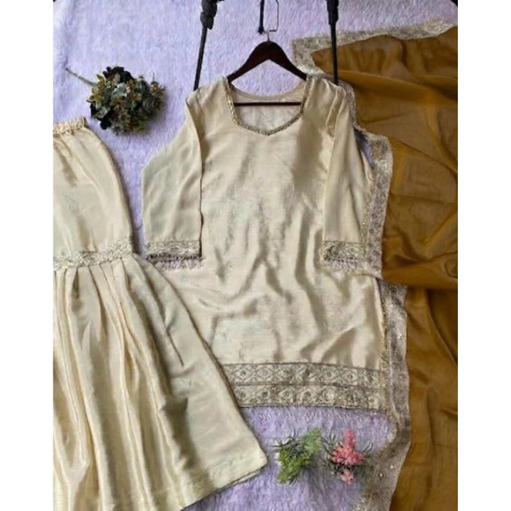 Snuggle Spot Women's Silk Embroidered 3/4th Sleeve V-Neck Kurti With Sharara Pant and Dupatta Set (Cream &amp; Yellow)