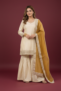 Snuggle Spot Women's Silk Embroidered 3/4th Sleeve V-Neck Kurti With Sharara Pant and Dupatta Set (Cream &amp; Yellow)