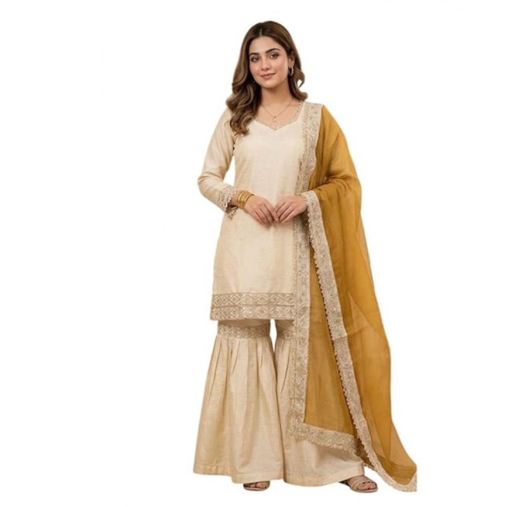 Snuggle Spot Women's Silk Embroidered 3/4th Sleeve V-Neck Kurti With Sharara Pant and Dupatta Set (Cream &amp; Yellow)