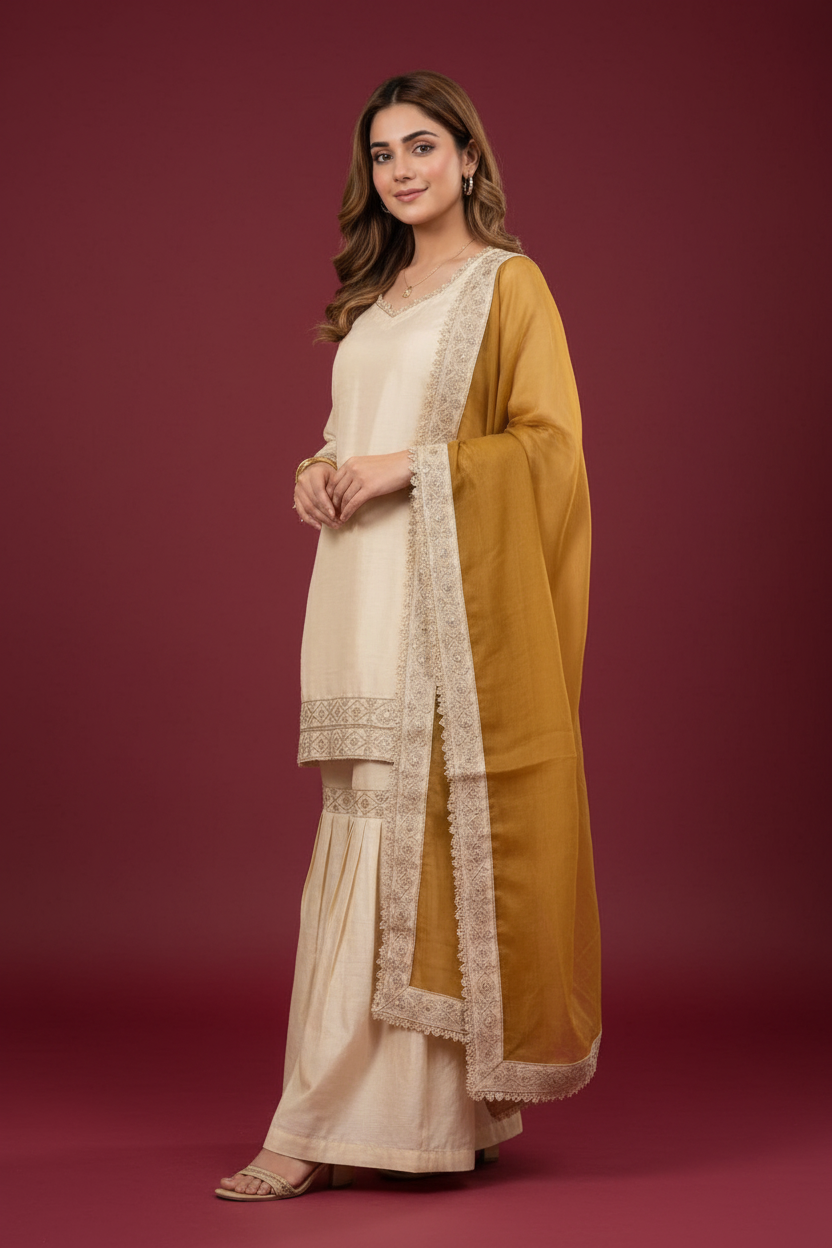 Snuggle Spot Women's Silk Embroidered 3/4th Sleeve V-Neck Kurti With Sharara Pant and Dupatta Set (Cream &amp; Yellow)