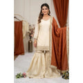 Snuggle Spot Women's Silk Embroidered 3/4th Sleeve V-Neck Kurti With Sharara Pant and Dupatta Set (Cream &amp; Orange)