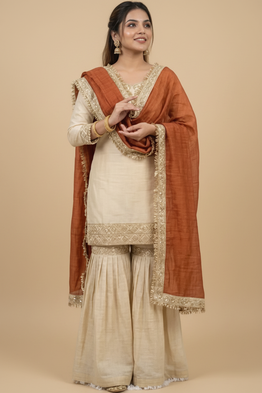 Snuggle Spot Women's Silk Embroidered 3/4th Sleeve V-Neck Kurti With Sharara Pant and Dupatta Set (Cream &amp; Orange)