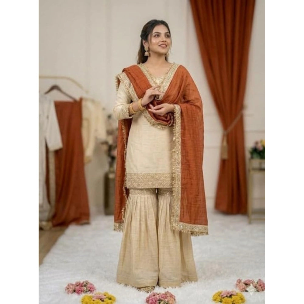 Snuggle Spot Women's Silk Embroidered 3/4th Sleeve V-Neck Kurti With Sharara Pant and Dupatta Set (Cream &amp; Orange)