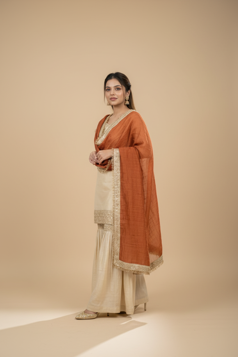 Snuggle Spot Women's Silk Embroidered 3/4th Sleeve V-Neck Kurti With Sharara Pant and Dupatta Set (Cream &amp; Orange)