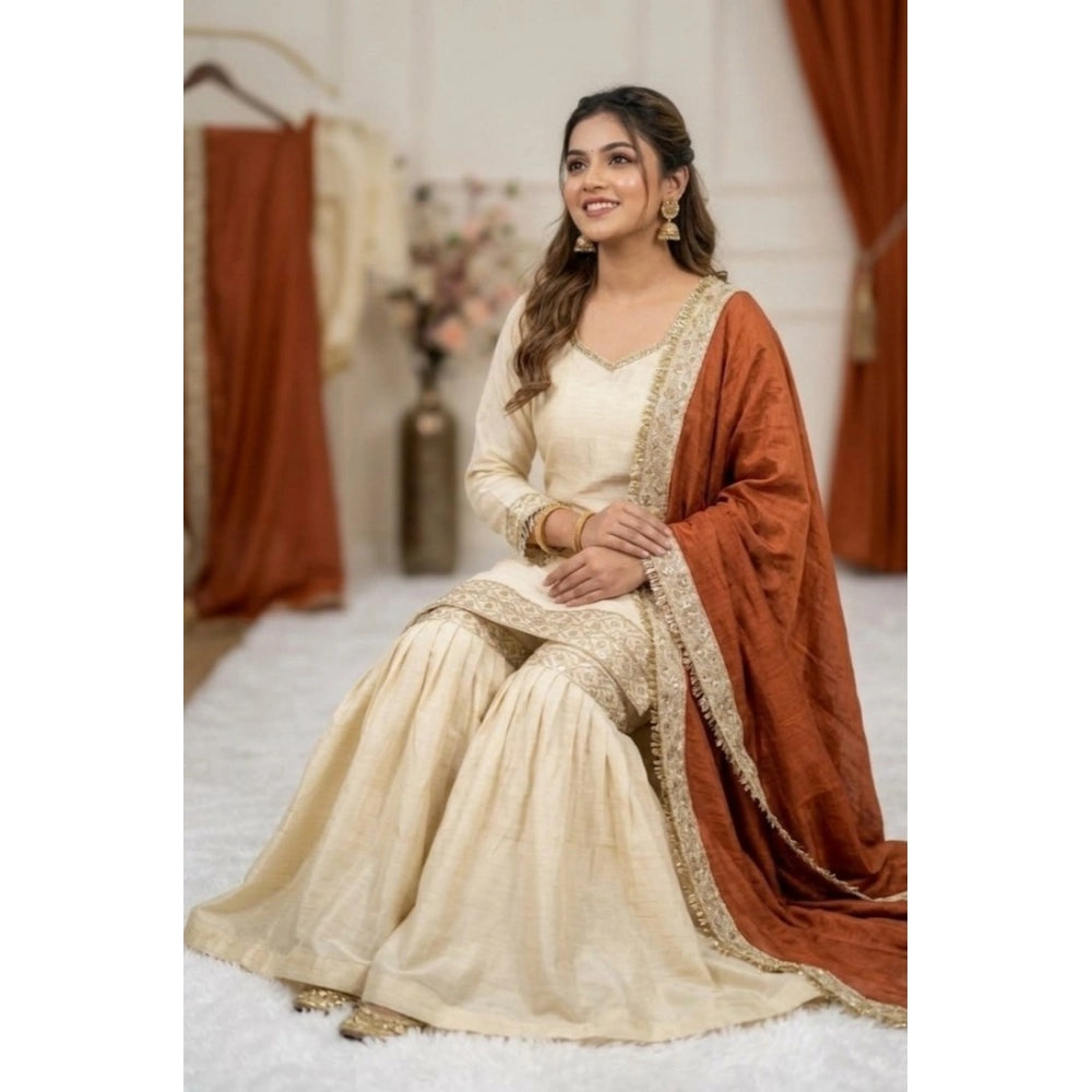 Snuggle Spot Women's Silk Embroidered 3/4th Sleeve V-Neck Kurti With Sharara Pant and Dupatta Set (Cream &amp; Orange)