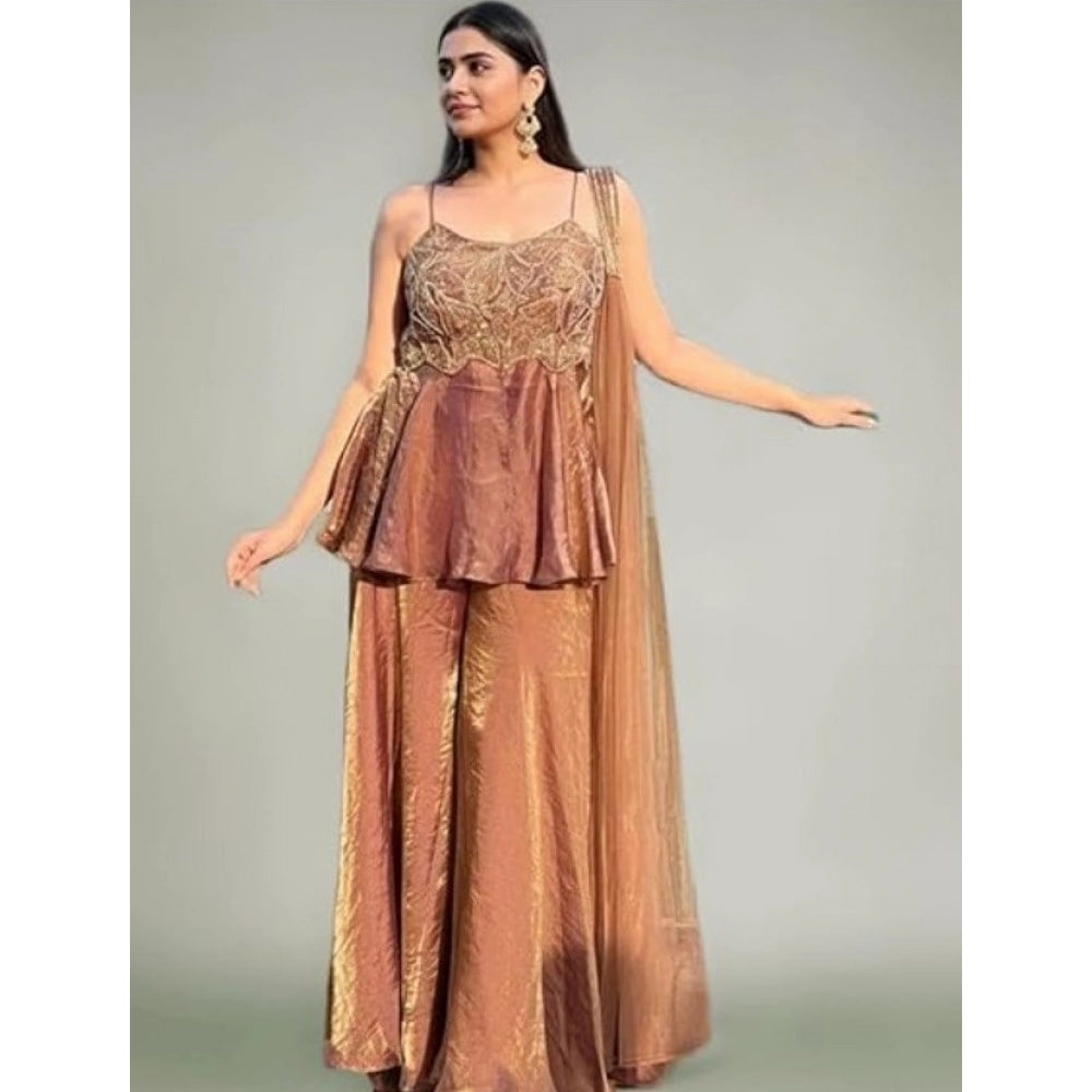 Snuggle Spot Women's Silk Embroidered Sleeveless Round Kurti With Palazzo Pant and Dupatta Set (Brown)