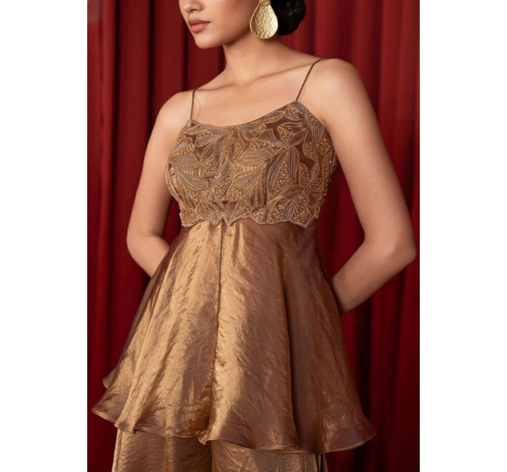 Snuggle Spot Women's Silk Embroidered Sleeveless Round Kurti With Palazzo Pant and Dupatta Set (Brown)