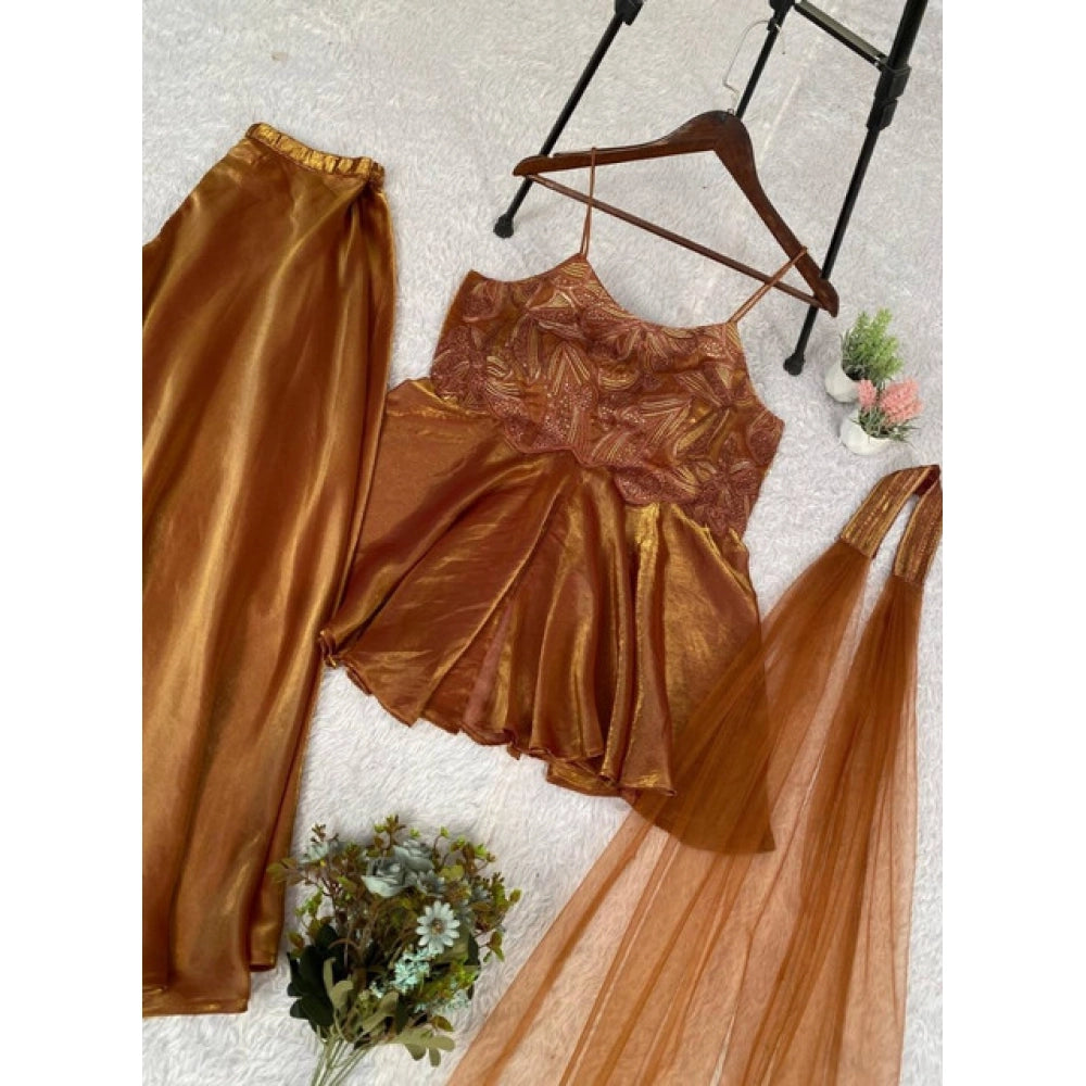 Snuggle Spot Women's Silk Embroidered Sleeveless Round Kurti With Palazzo Pant and Dupatta Set (Brown)