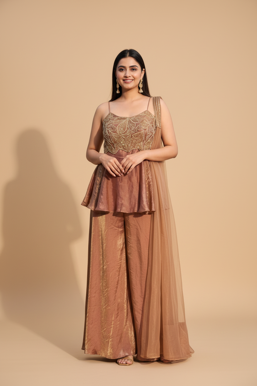 Snuggle Spot Women's Silk Embroidered Sleeveless Round Kurti With Palazzo Pant and Dupatta Set (Brown)