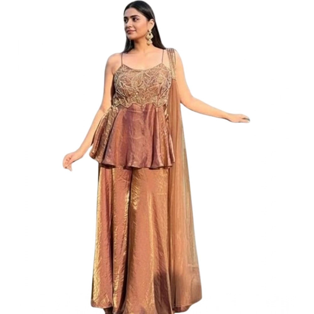 Snuggle Spot Women's Silk Embroidered Sleeveless Round Kurti With Palazzo Pant and Dupatta Set (Brown)
