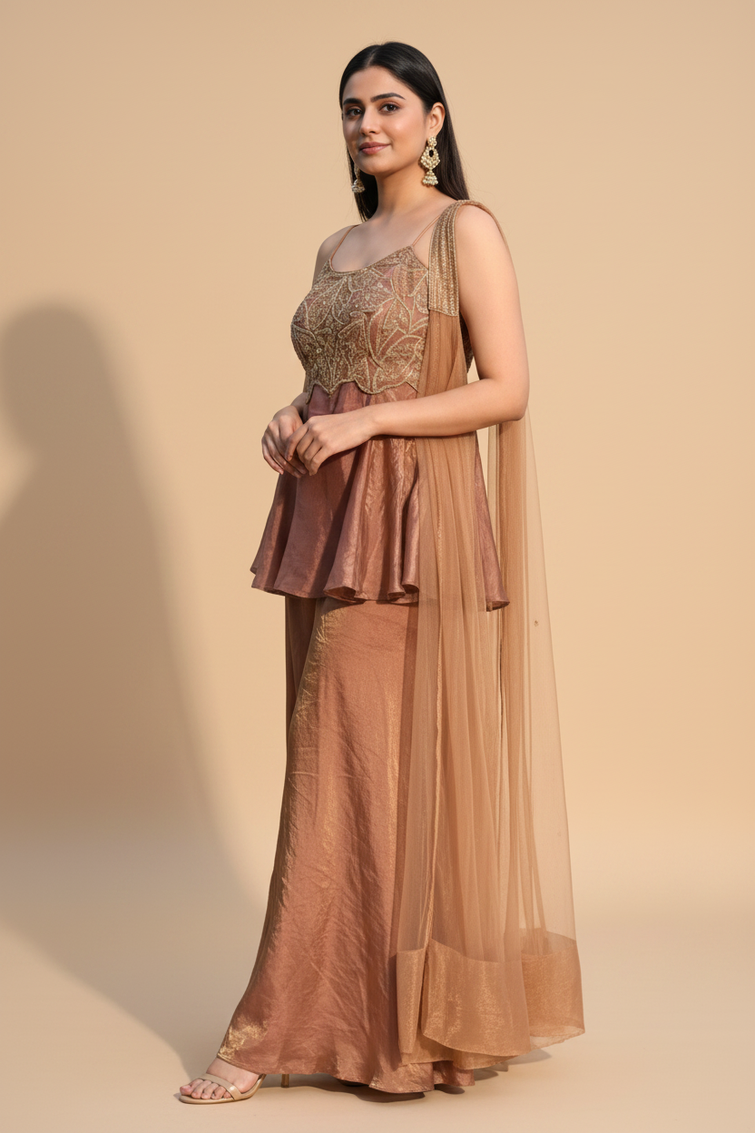 Snuggle Spot Women's Silk Embroidered Sleeveless Round Kurti With Palazzo Pant and Dupatta Set (Brown)