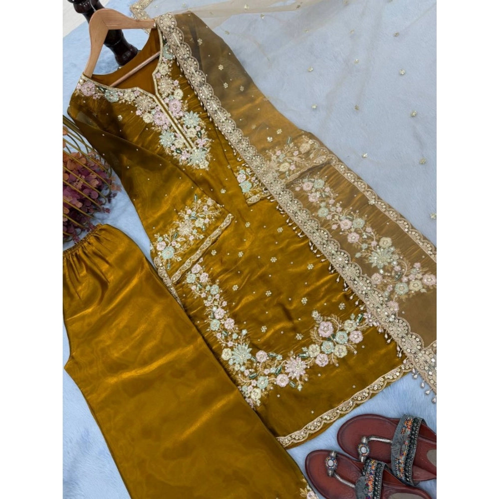 Snuggle Spot Women's Silk Embroidered 3/4th Sleeve Round Kurti With Palazzo Pant and Dupatta Set (Gold)
