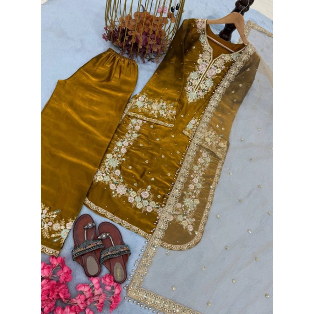 Snuggle Spot Women's Silk Embroidered 3/4th Sleeve Round Kurti With Palazzo Pant and Dupatta Set (Gold)