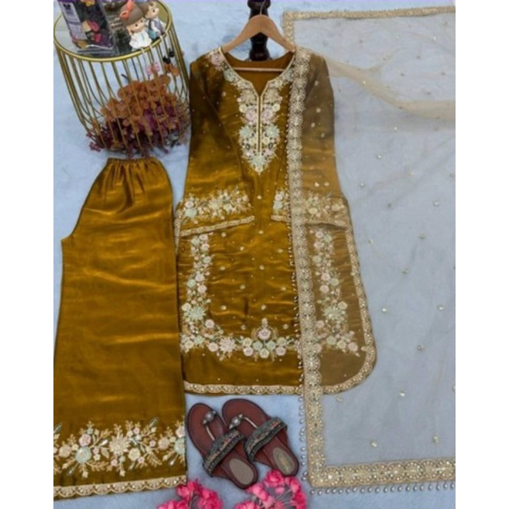 Snuggle Spot Women's Silk Embroidered 3/4th Sleeve Round Kurti With Palazzo Pant and Dupatta Set (Gold)