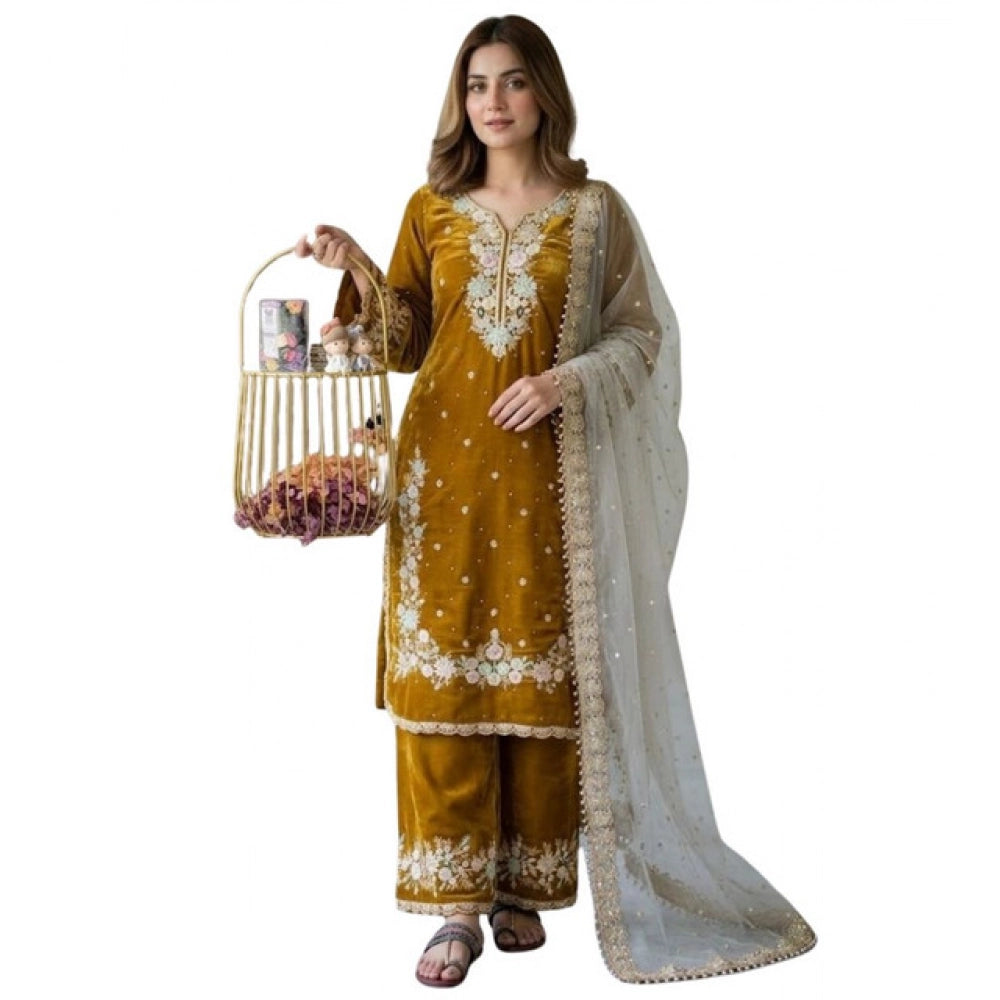 Snuggle Spot Women's Silk Embroidered 3/4th Sleeve Round Kurti With Palazzo Pant and Dupatta Set (Gold)