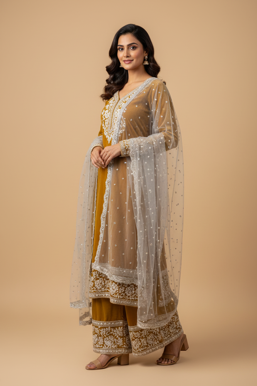 Snuggle Spot Women's Silk Embroidered 3/4th Sleeve Round Kurti With Palazzo Pant and Dupatta Set (Gold)