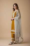 Snuggle Spot Women's Silk Embroidered 3/4th Sleeve Round Kurti With Palazzo Pant and Dupatta Set (Gold)