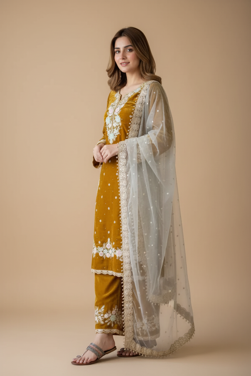 Snuggle Spot Women's Silk Embroidered 3/4th Sleeve Round Kurti With Palazzo Pant and Dupatta Set (Gold)