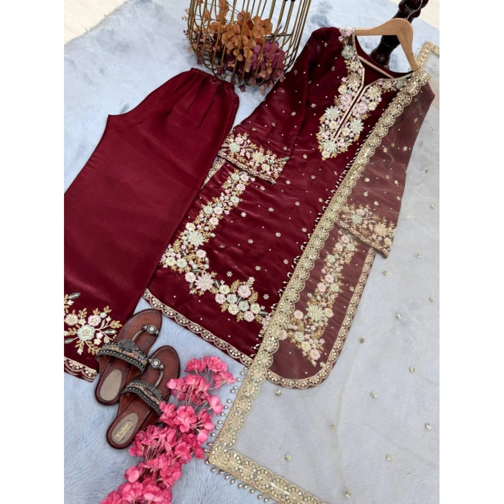 Snuggle Spot Women's Silk Embroidered 3/4th Sleeve Round Kurti With Palazzo Pant and Dupatta Set (Maroon)